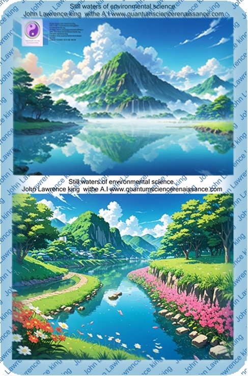 Still waters of Environmental science with flowers both sides of river  